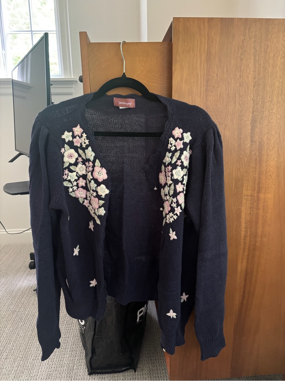 Worthington Navy Cardigan with Pink and Cream Floral Embroidery
